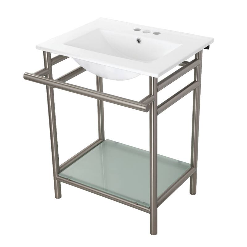 Kingston Brass 24" Rectangular Ceramic, Glass, Stainless Steel Console - White / Brushed Nickel