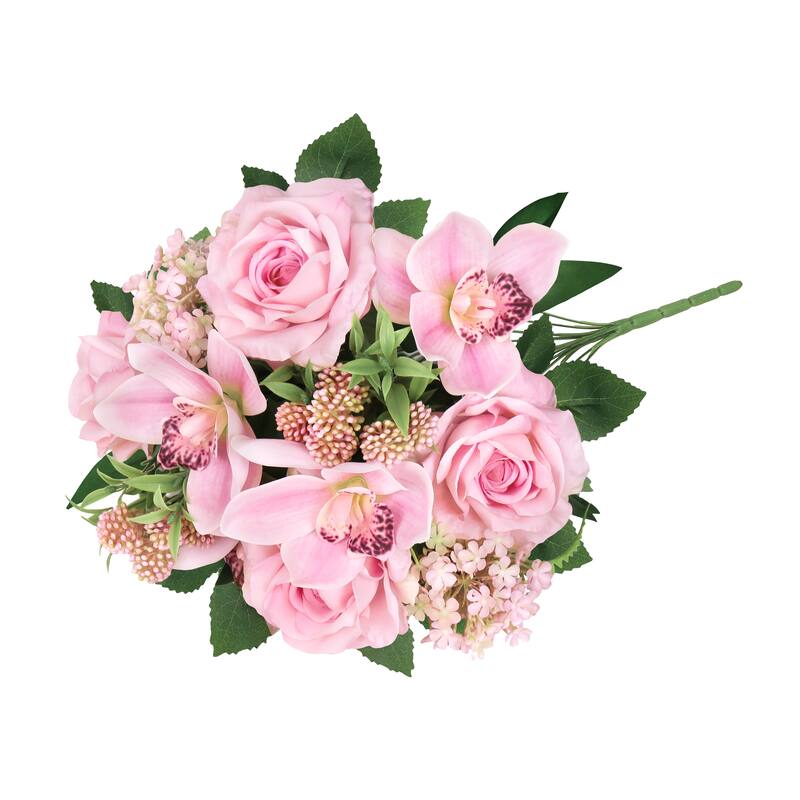 Set of 2 Pink Artificial Mixed Rose Cymbidium Orchid Snowball Flower Stem Bush Bouquet 19in - 19" L x 12" W x 12" DP