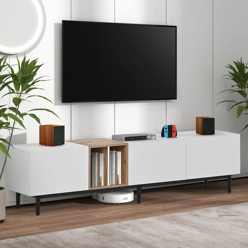 Modern TV Stand for 80'' TVs with 3 Doors, Concealed Storage and Pull-Down Cabinet Doors, for Living Rooms Bedrooms, White