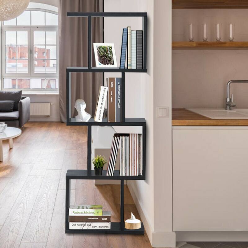 Gymax 4-tier S-Shaped Bookcase Free Standing Storage Rack Wooden - See Details
