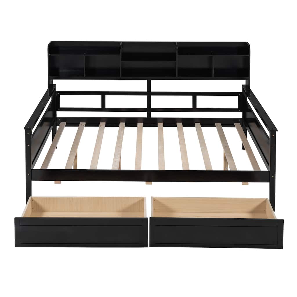 Daybed, Wood Slat Support, with Bedside Shelf and Two Drawers