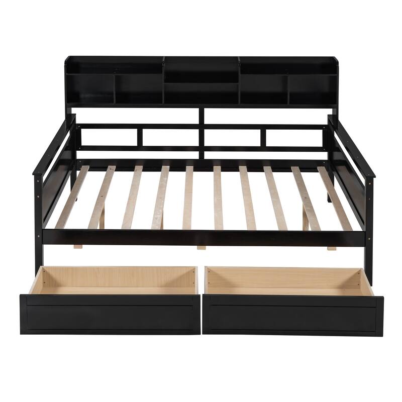 Twin/Full Size Daybed, Solid Wood Platform Sofa Bed Frame with Built In Bookshelves and Two Drawers