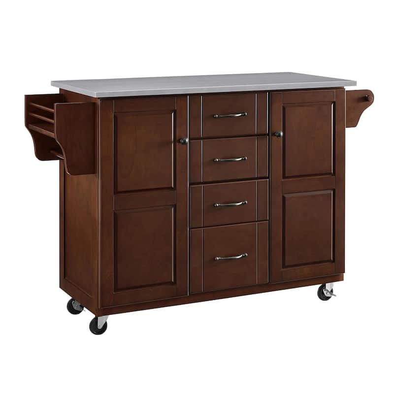 Full Size Kitchen Cart - Mobile Storage Cart with Shelves & Drawer - Mahogany Finish - 51.5" Wide