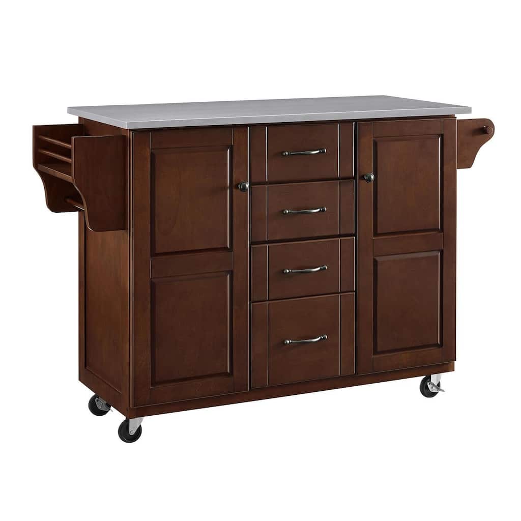 Full Size Kitchen Cart - Mobile Storage Cart with Shelves & Drawer - Mahogany Finish - 51.5" Wide