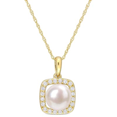 Miadora 7-7.5mm Cultured Freshwater Pearl and 1/5 ct TGW Created White Sapphire Halo 10k Yellow Gold