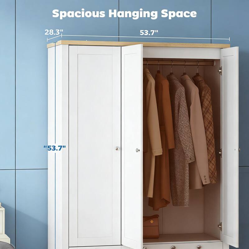 3 Doors Wardrobe Closet Folding and Hanging Areas Armoire