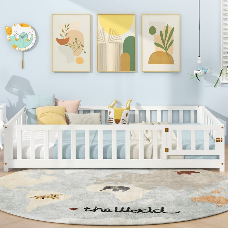 Montessori Floor Bed Frame with Full-length Guardrails Safety Door and Plywood Slats