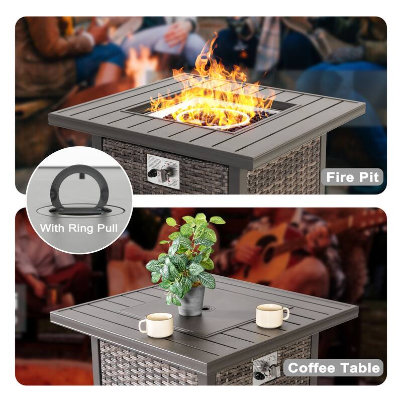 Outdoor 30’’ Square Rattan Fire Pit Table with Metal Lid, Brown