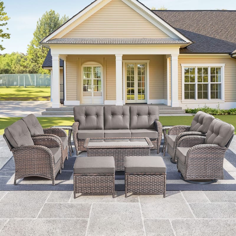 10 Pieces Pocassy Sofa Chairs Ottoman with Swivel Chairs - Brown Wicker & Red Cushion