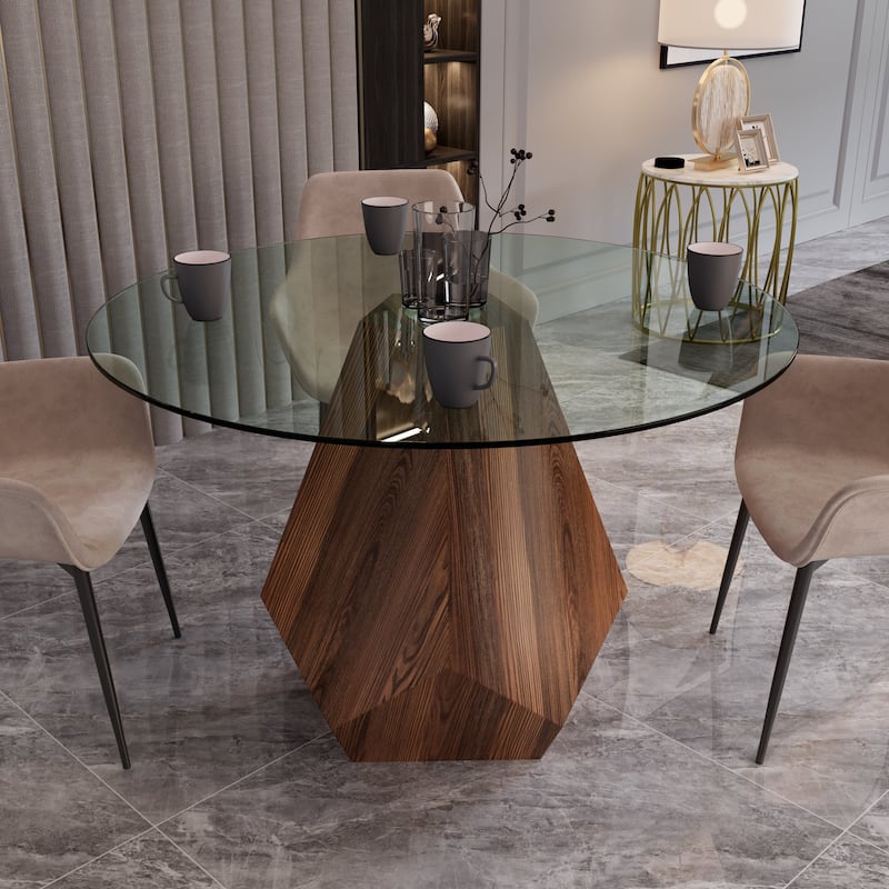 Nebo Round 47" Tempered Glass or Sintered Stone Top Dining Table with Geometric Design Ashwood Pedestal Base Kitchen Table