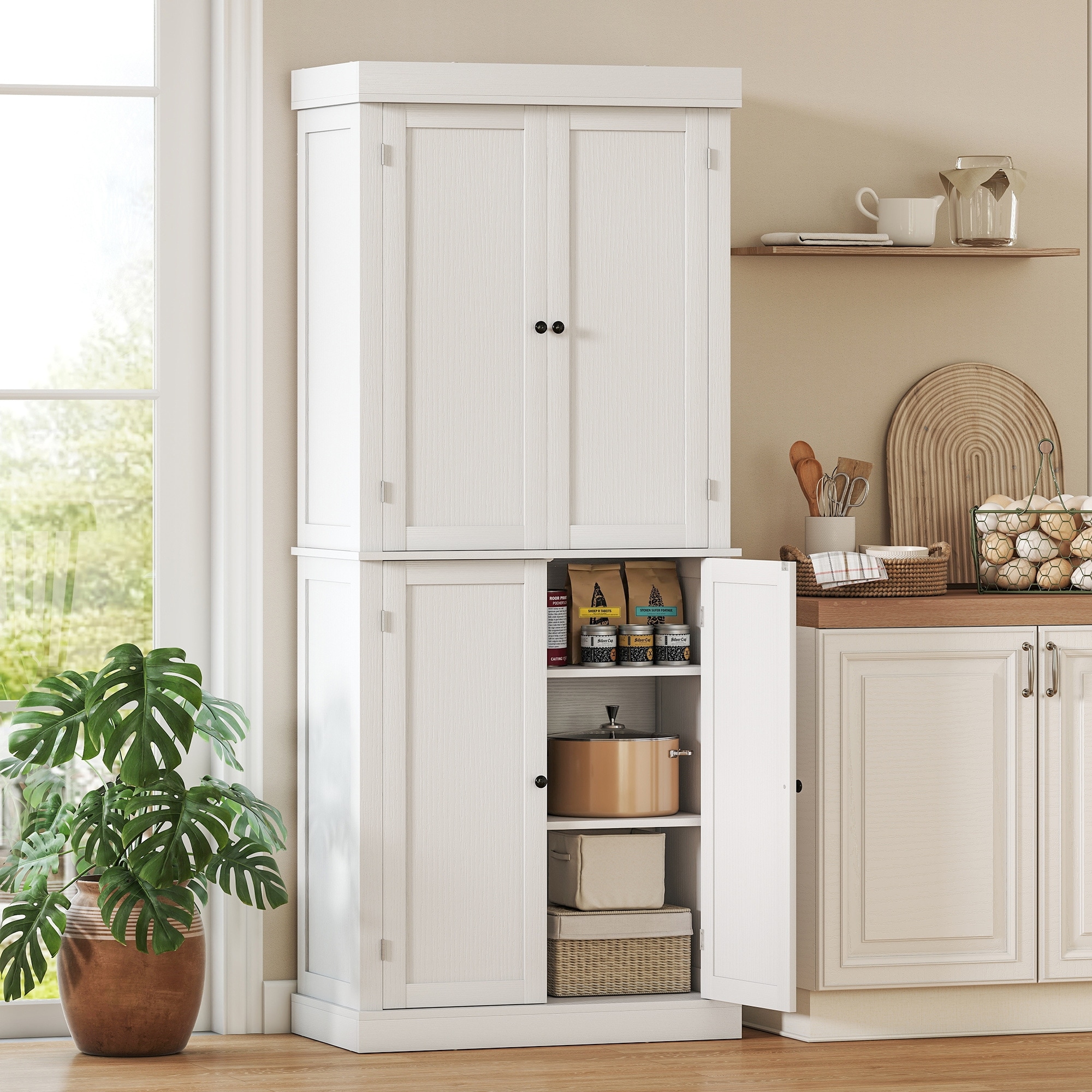 HOMCOM 72.5" Kitchen Pantry Cabinet, Tall Storage Cabinet with Doors and 2 Adjustable Shelves for Dining Room, White Wood Grain
