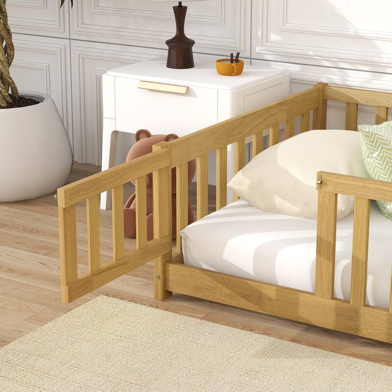 Twin Size Floor Bed with Fence and Door, Safety Guardrails
