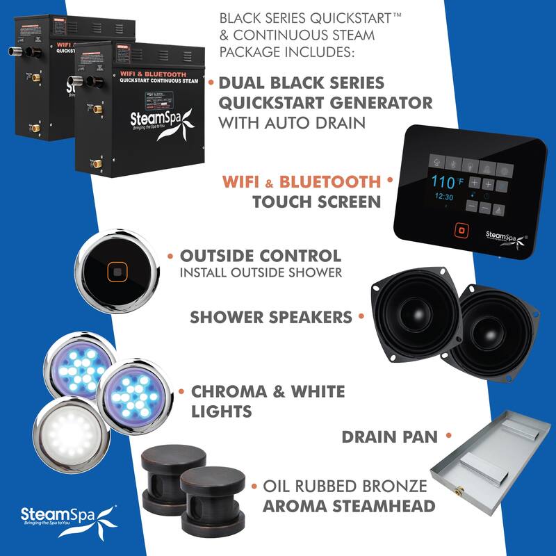 Black Series WiFi and Bluetooth 2 x 7.5kW QuickStart Steam Bath Generator Package w Dual Aroma Pump in Oil Rubbed Bronze