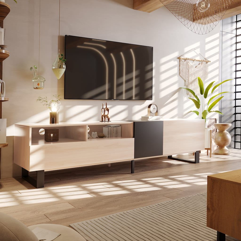 Modern TV Stand for 80-Inch TVs with Double Storage Space and Drop-Down Doors