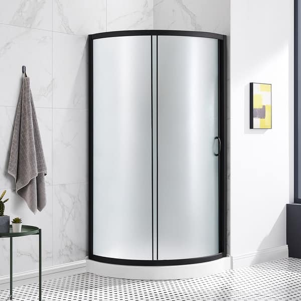 slide 2 of 27, OVE Breeze Round Corner Shower Kit with Frosted Glass Sliding Door and Shower Base Pan (Walls not Included)