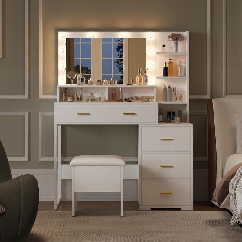 Vanity Desk with Mirror & 9 LED Lights - 5 Drawers and 3 Open Shelves