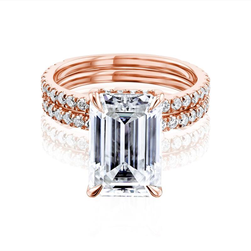 Kobelli Signature Collection 6.38 Carat Moissanite & Diamond 14k Solid Gold Emerald Hidden Halo Near Eternity Evie Bridal Set - 8.5 - Rose