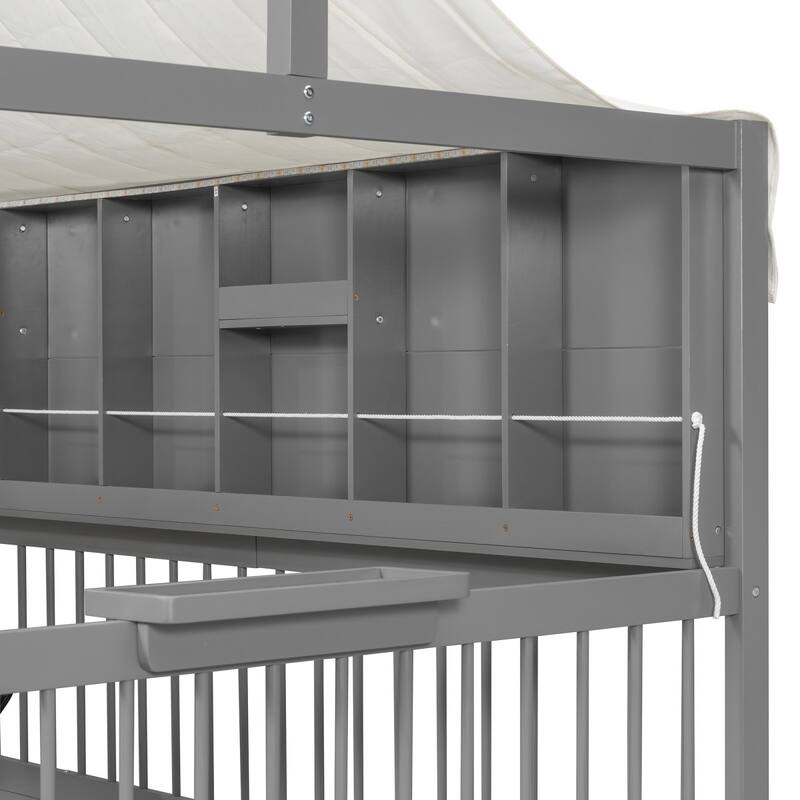 Full Size House Bed with 2 Drawers, Side Bookshelf with LED Strip