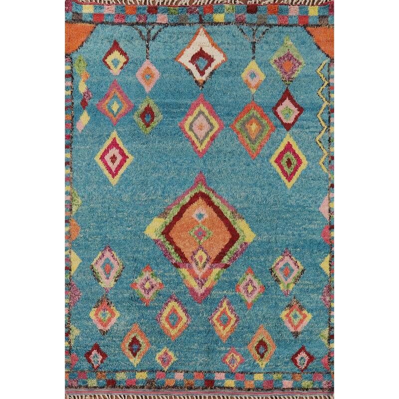 Light Blue Plush Moroccan Oriental Area Rug Handmade Wool Carpet - 7'8" x 10'5"