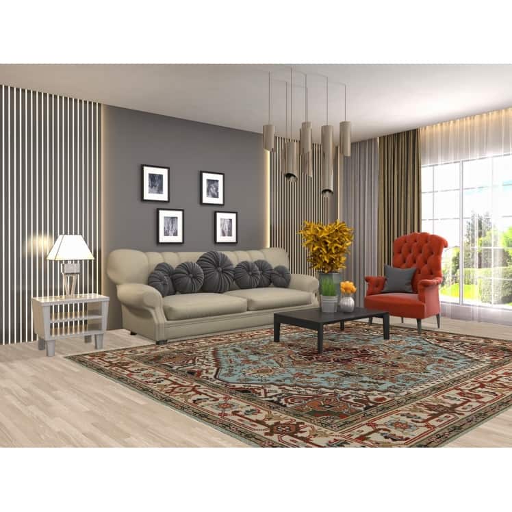 Light Blue Geometric Heriz Serapi Indian Rug Hand-Knotted Wool Carpet - 8'0" x 9'9"