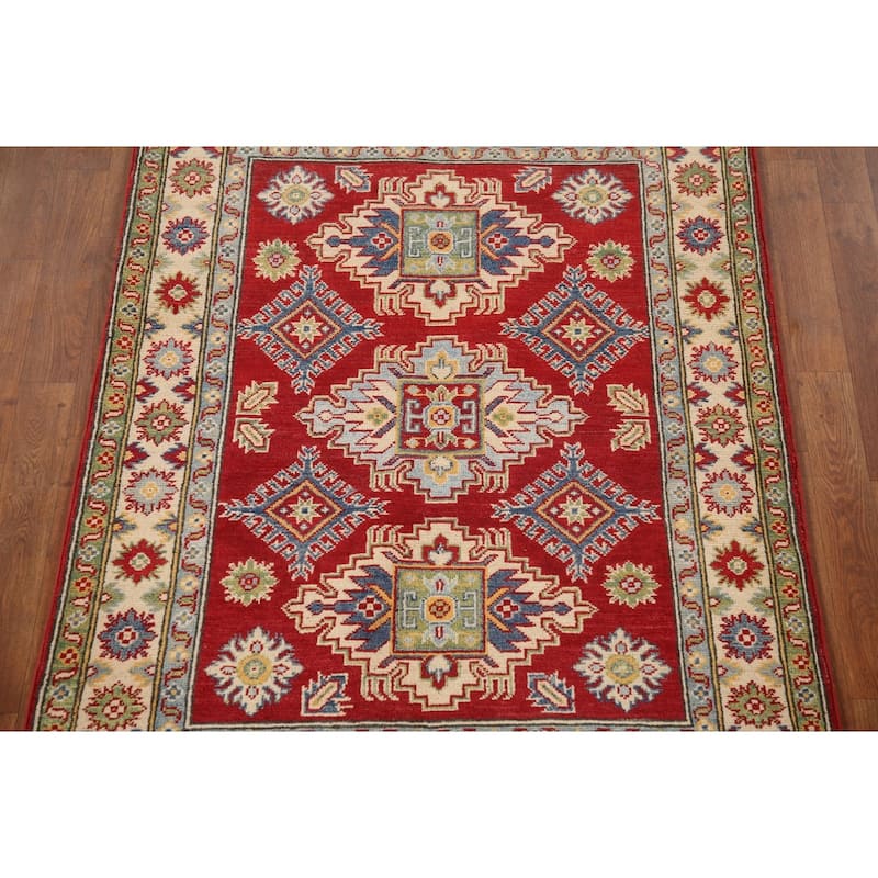 Red Geometric Kazak Oriental Accent Rug Handmade Wool Carpet - 3'6"x 4'9"