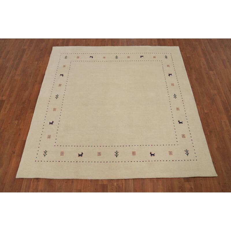 Hand Knotted Oriental 100% Wool Carpet Tribal Animal Pictorial Beige & Ivories Gabbeh Area Rug - 6' 5'' X 6' 7''