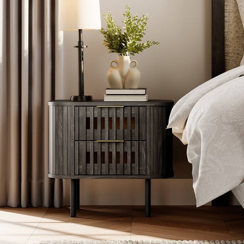 WAMPAT Fluted Nightstand with 2 Drawers,Wood End Table for Bedroom, Living Room