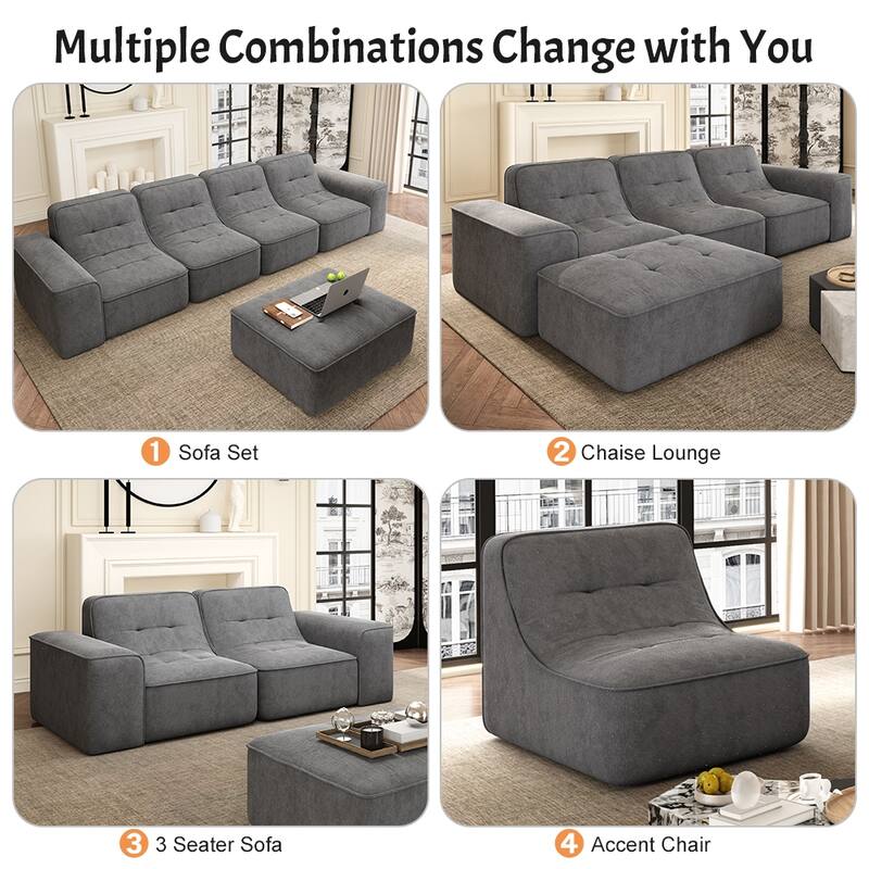 GDFStudio - Modern 143.7" Tufted Chenille Upholstered Modular Sectional Sofa Set with Removable Ottoman & Ergonomic Design