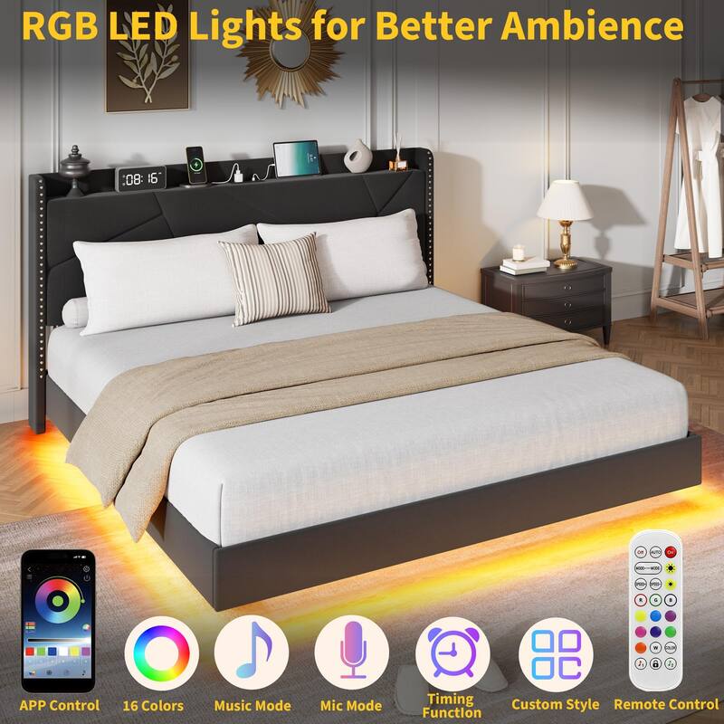 Full/Queen Floating Bed Frame with LED Lights & Charging Station, Upholstered Platform Beds with Storage Headboard