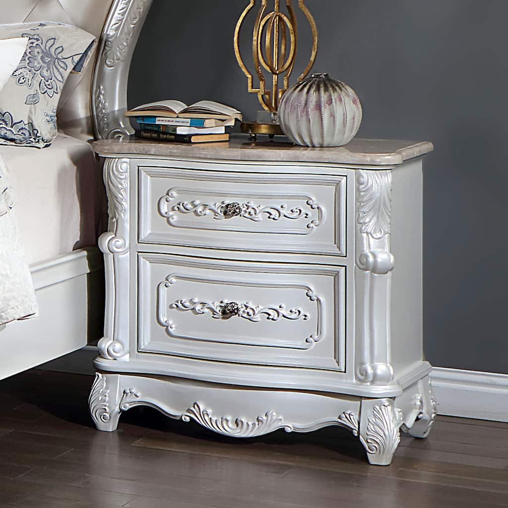 Pearl White Traditional 1pc Solid Wood Nightstand w/ 2 Drawers & Marble Top for Bedroom