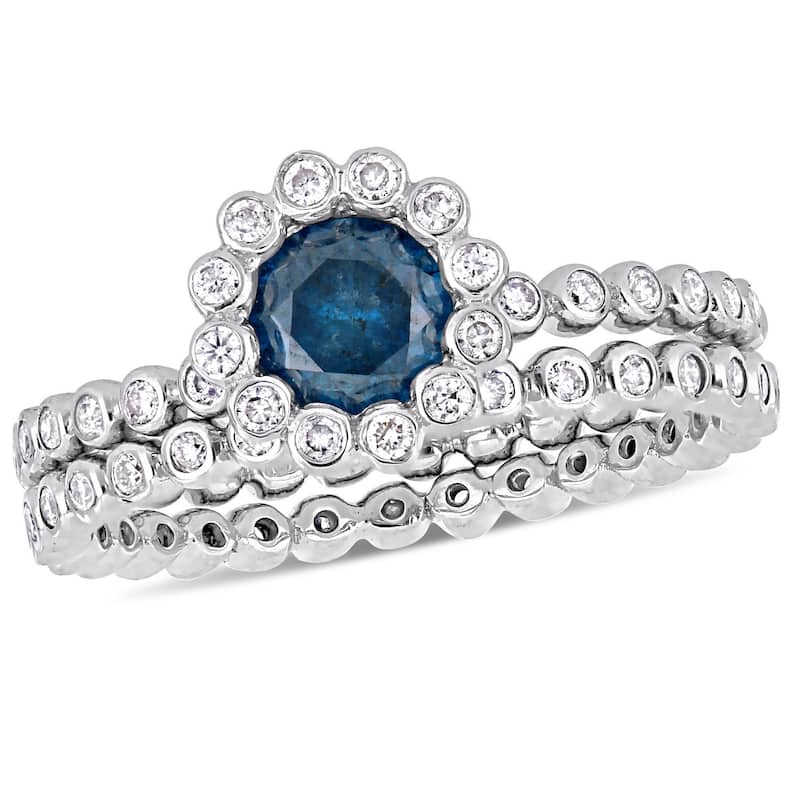 Miadora 1ct TDW Blue and White Diamond Bridal Set Ring in 10k White Gold