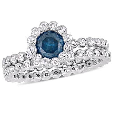 Miadora 1ct TDW Blue and White Diamond Bridal Set Ring in 10k White Gold