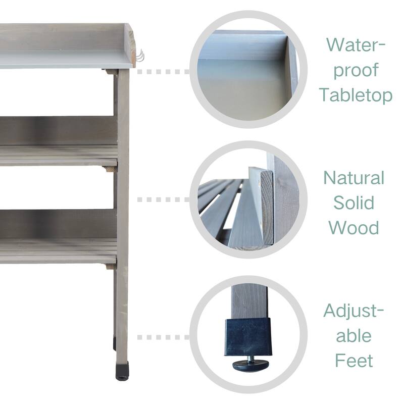 30"x14.5"x35.5" Potting Table w/Metal Tabletop, 3 Layers Outdoor Work Bench w/Hook, Solid Wood Workstation for Garage