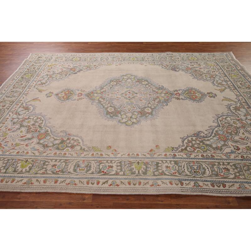 Beige Tabriz Persian Vintage Area Rug Hand-Knotted Wool Carpet - 8'8" x 10'8"