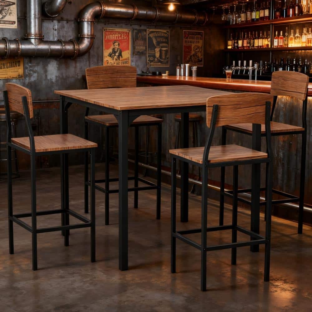 Black Walnut Counter Height Bar Table with Metal Legs, Industrial Bar Chaira Dining Chairs with Metal Legs