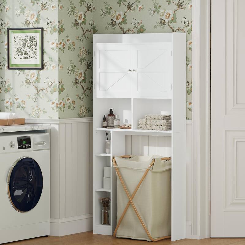 Over-The-Toilet Storage Cabinet with Adjustable Shelf, Bathroom Space Saver with Double Doors and Open Shelves
