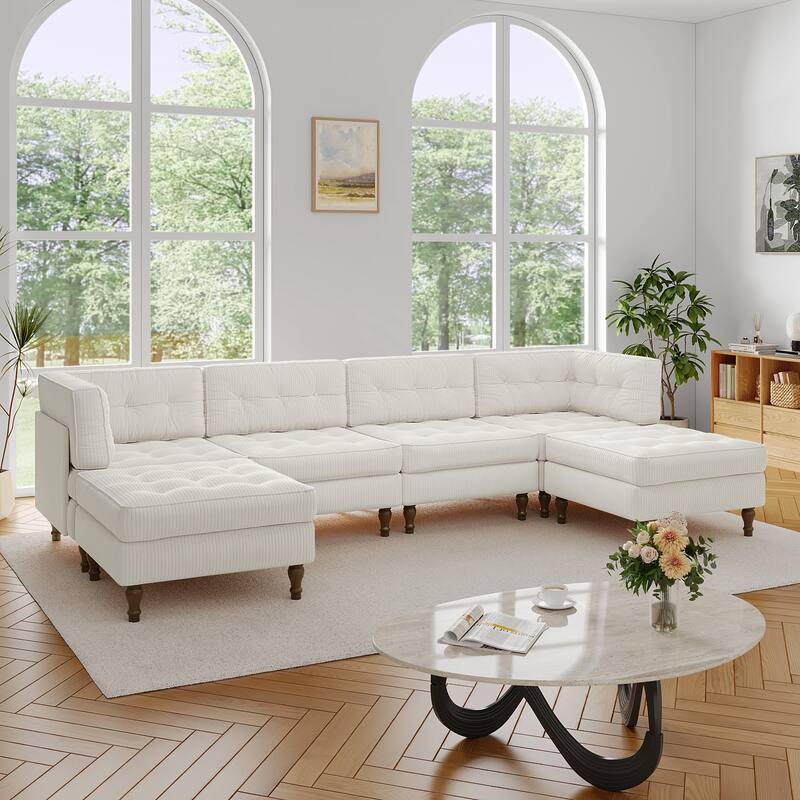 130"W Corduroy Upholstered Modular Sectional Sofa with Storage Ottoman