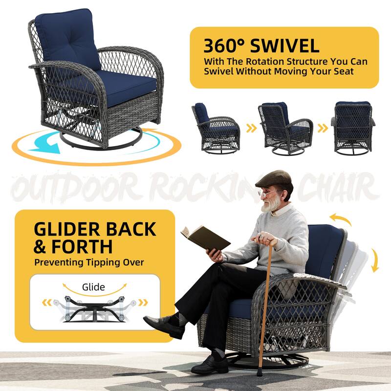 UPHA 6-Piece Patio Outdoor Wicker Swivel Rocking Chair Set with Side Table and Cushions