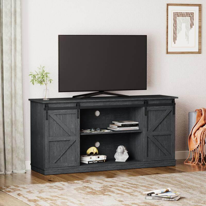 Farmhouse Wood TV Stand with Sliding Barn Door - GRAY WASH