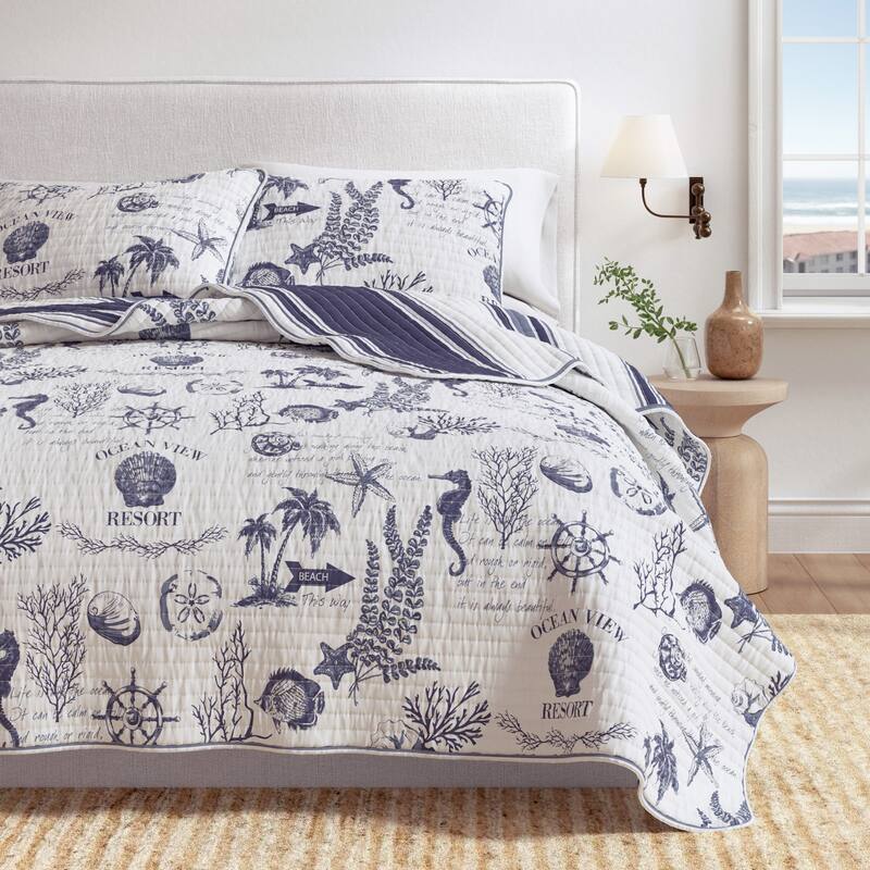 Linery & Co. Cotton Stitched Reversible Coastal 3 Piece Quilt and Sham Set