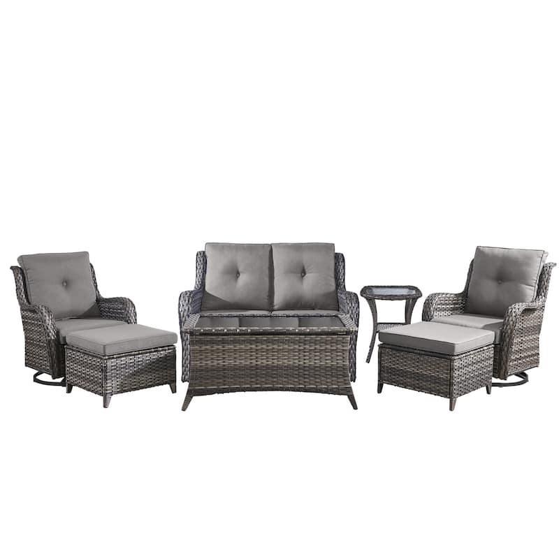 Pocassy Outdoor 7PCS 2-Seat Sofa Swivel Chairs Table Ottoman