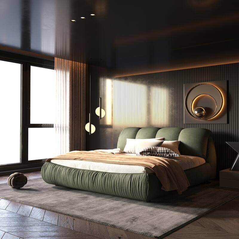 Queen Size Upholstered Platform Bed with Cushioned Headboard - Sturdy Solid Wood Frame.