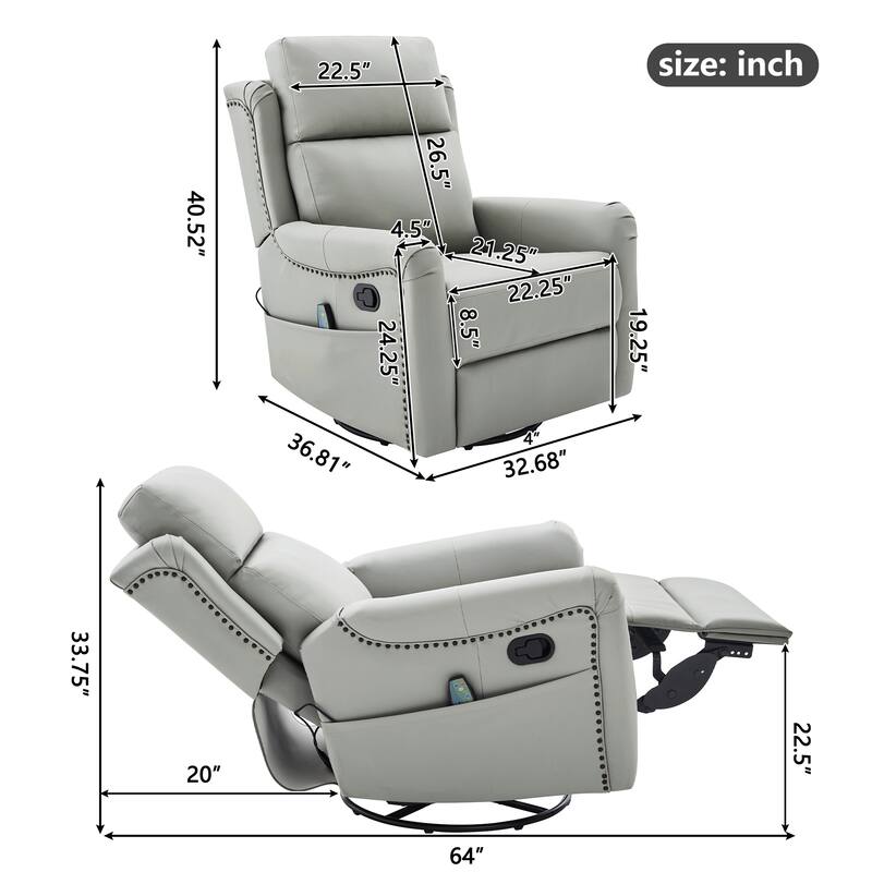 Christopher Knight Home - Modern Upholstered Swivel Recliner Chair with 8-Point Massage, Heating, and Storage Pocket