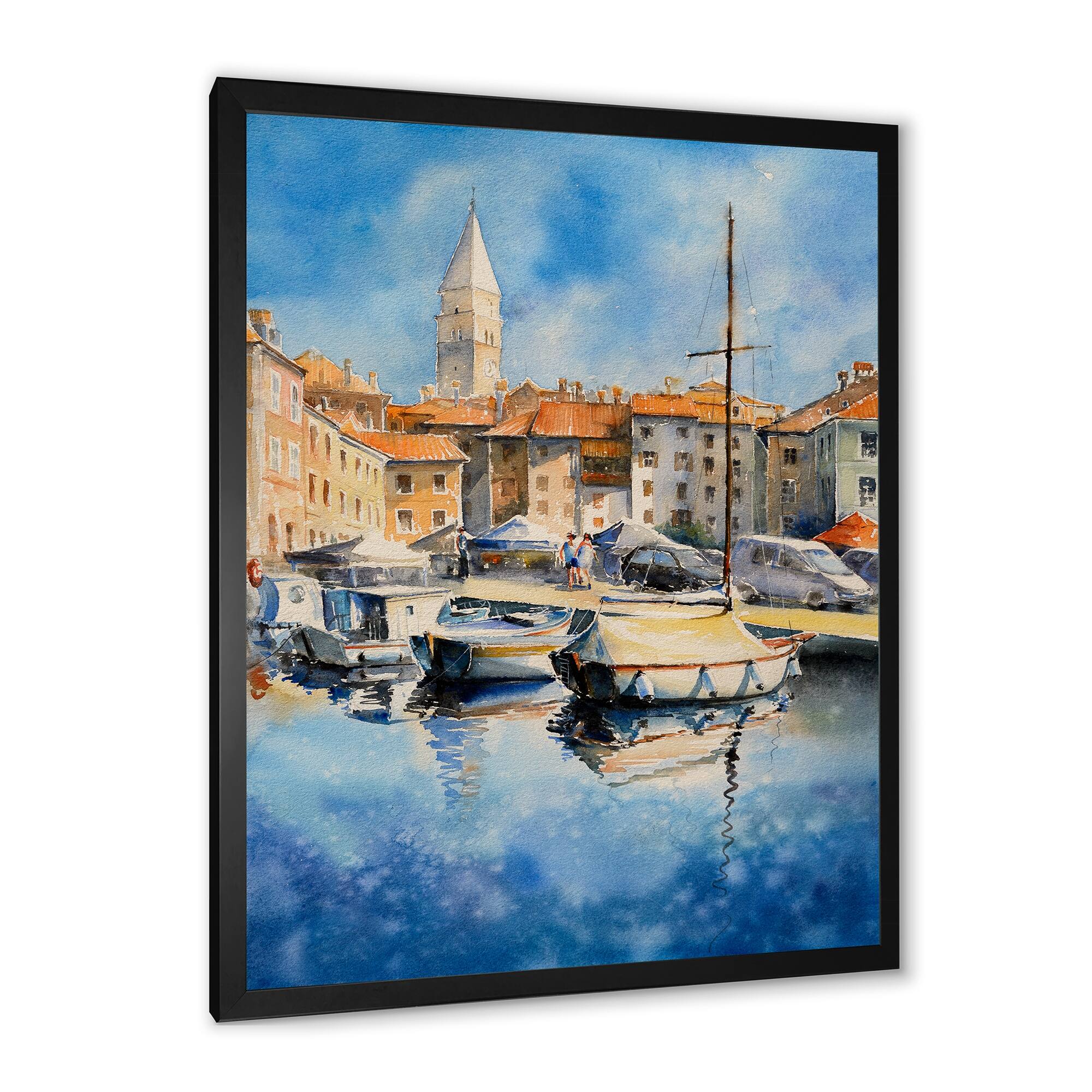 Designart "Sailboat In South Of France Port" French Country Framed Wall