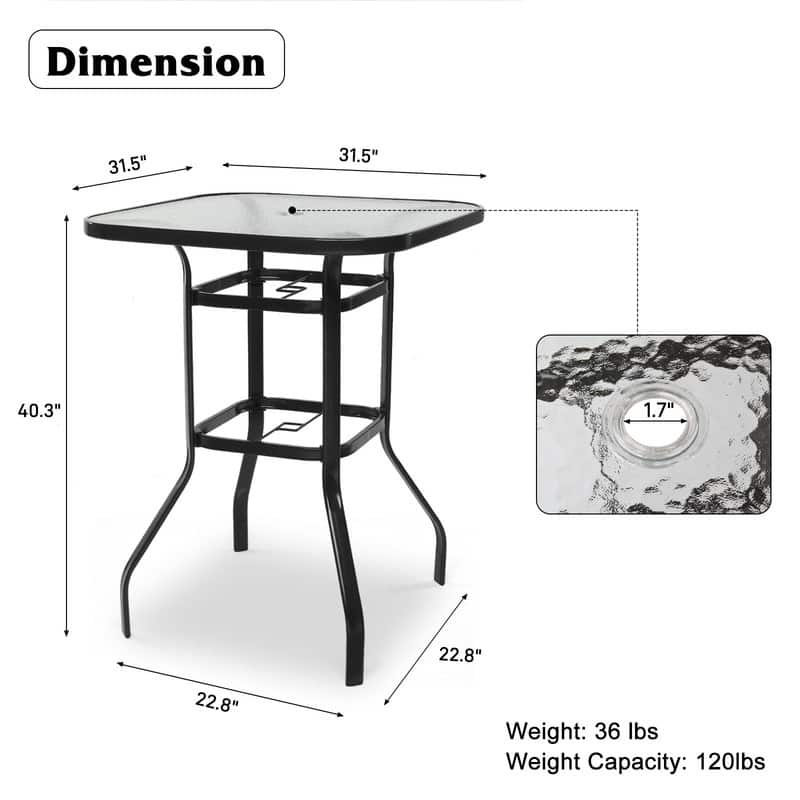 31.5 Inch Square Outdoor Bar Height Table with Tempered Glass Tabletop & Umbrella Hole - N/A