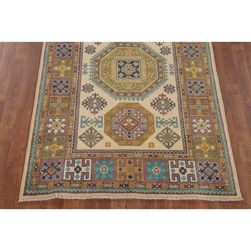 Kazak Foyer Rug Handmade Beige Geometric Wool Carpet - 3'11" x 6'1"