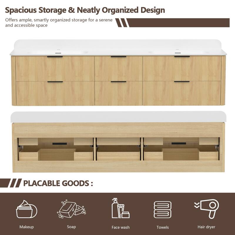 84" Floating Bathroom Vanity with Integrated countertop Rectangular Sink Solid Wood