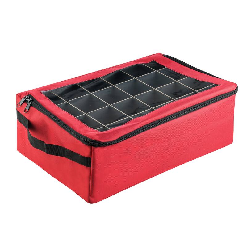 Ornament Storage Box - Zippered Lid Organizer with 48 Individual Compartments and Dividers by Tiny Tim Totes (Red) - Red