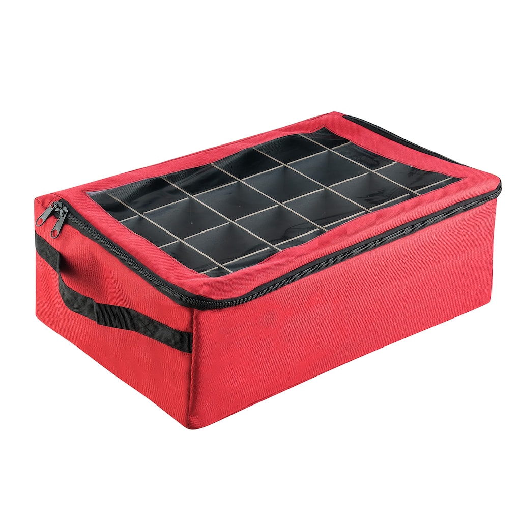 Ornament Storage Box - Zippered Lid Organizer with 48 Individual Compartments and Dividers by Tiny Tim Totes (Red)