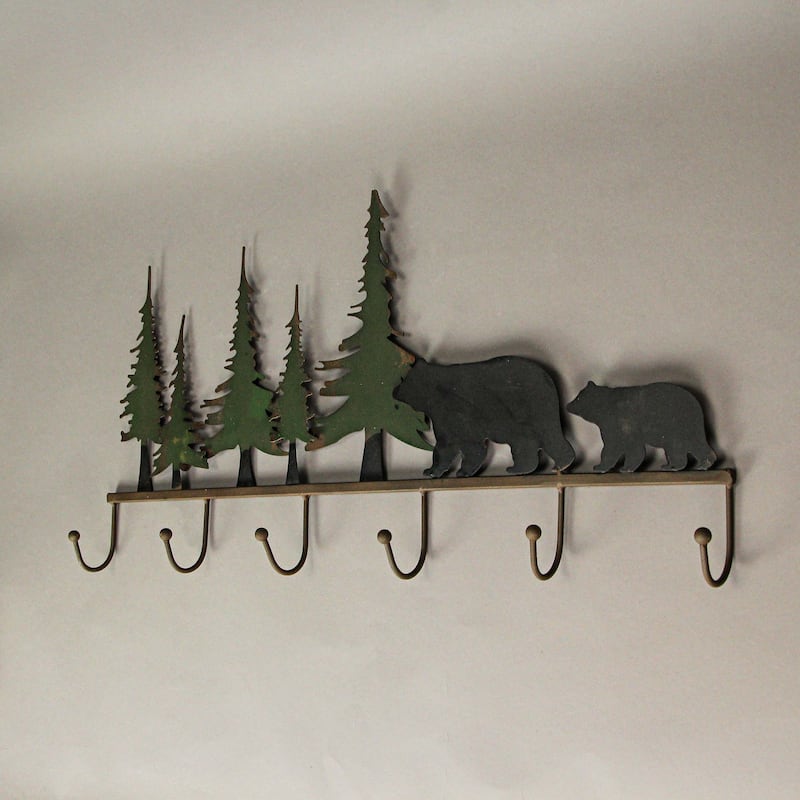 22 Inch Brown Metal Black Bear Family Wall Mounted Hook Rack - 11 X 22 X 2 inches